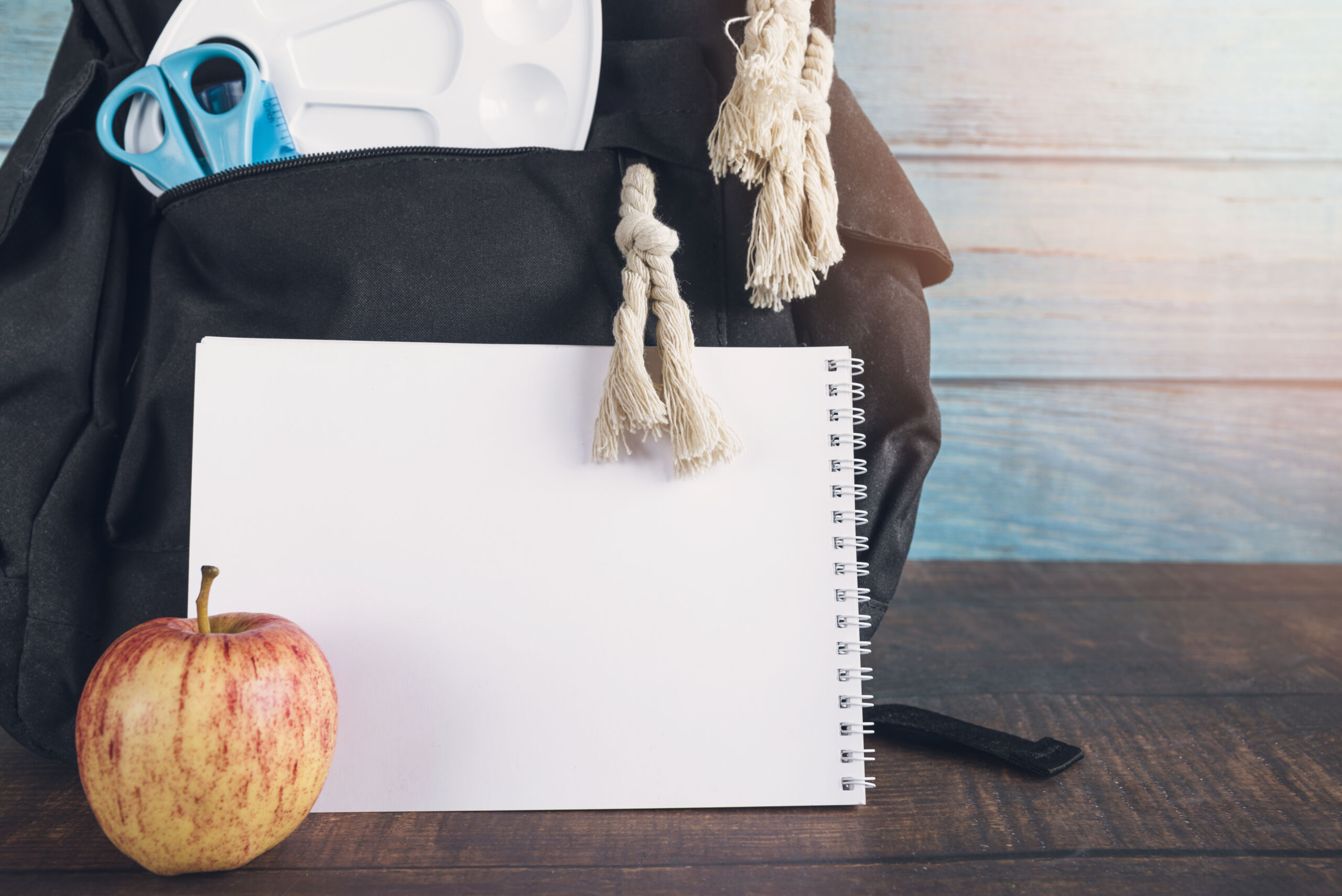 backpack with pallet ruler scissors notebook apple